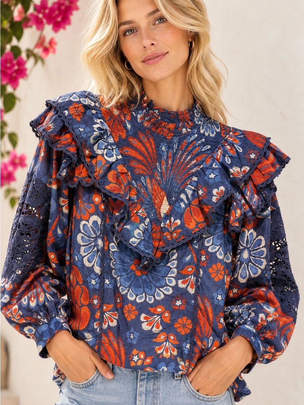 FARM RIO Pineapple Flowers Smocked Blouse Navy Floral Ruffle Lace Size S